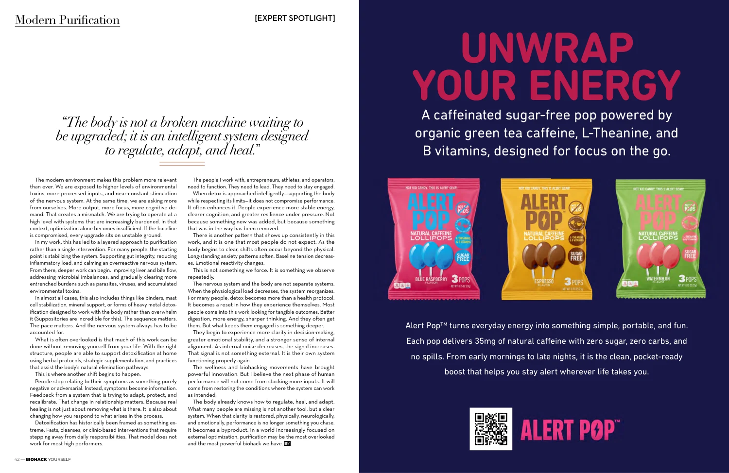 A real spread from the Summer issue: an article on the left page, a full page advertiser ad on the right
