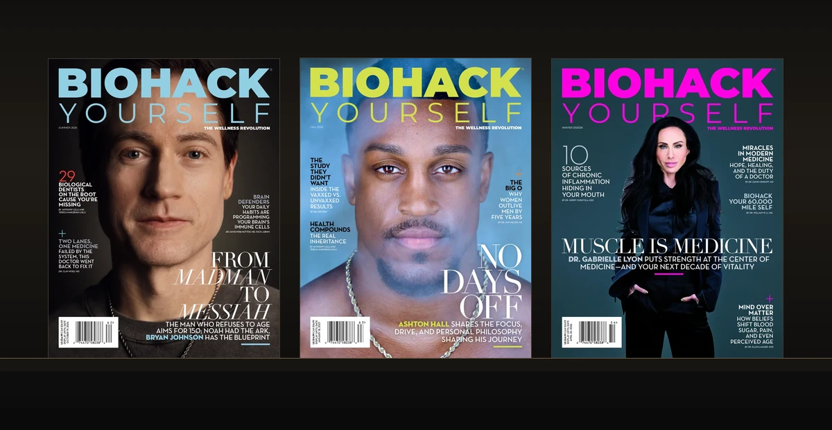 Three Biohack Yourself covers standing on a shelf: Bryan Johnson, Ashton Hall and Dr. Gabrielle Lyon